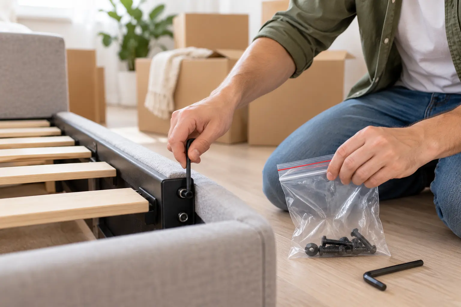 Screws from a dismantled bed frame placed in a labelled zip-lock bag