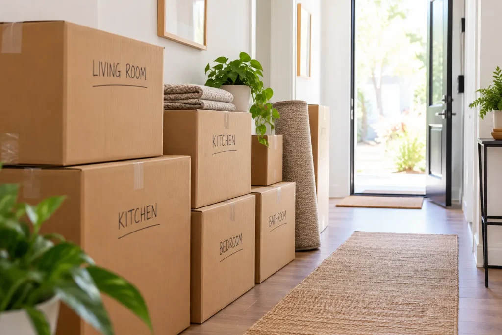 Labelled moving boxes stacked neatly along a hallway with a clear path to the door