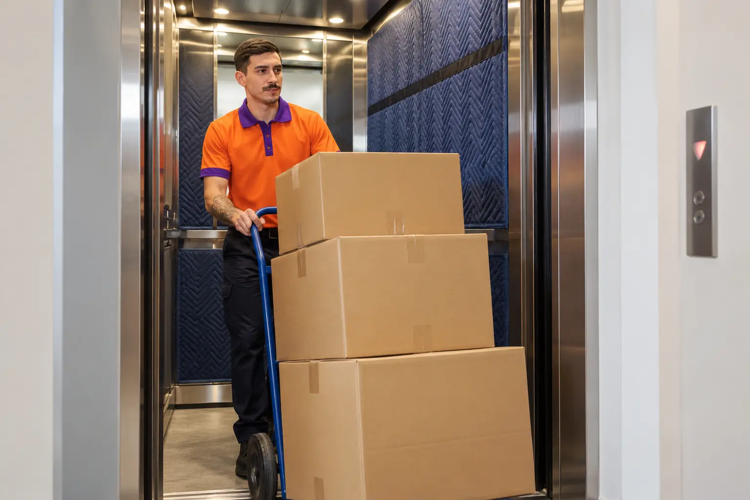 Apartment lift with protective padding as a removalist brings in boxes on a trolley
