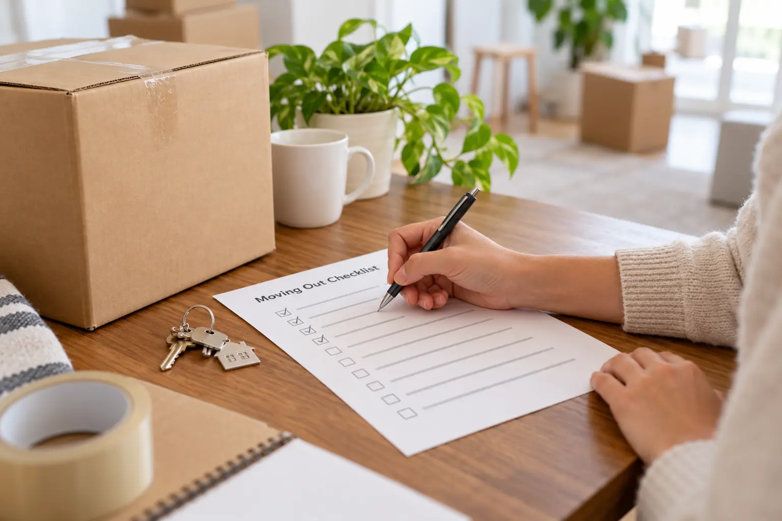 Printed moving out checklist on a table beside house keys and a sealed moving box