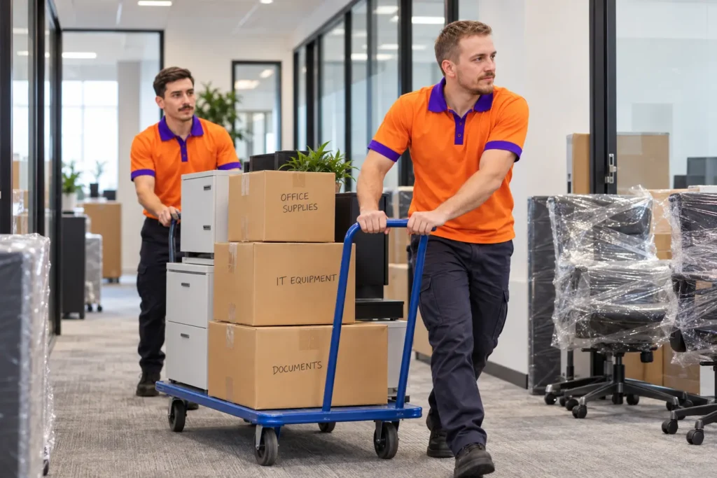 Removalists moving labelled office boxes and drawer units on a trolley