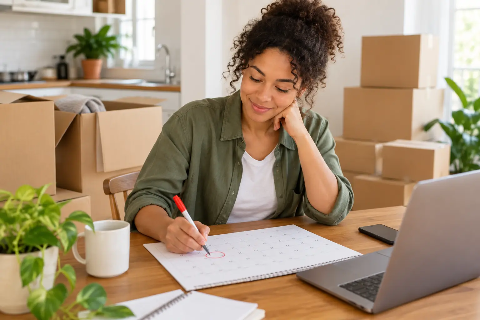 Person marking a moving date on a calendar with empty moving boxes in the background
