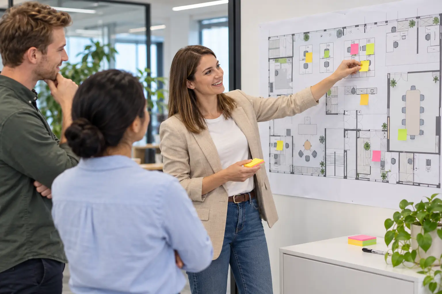 Office manager planning desk positions on a printed floor plan with coloured sticky notes