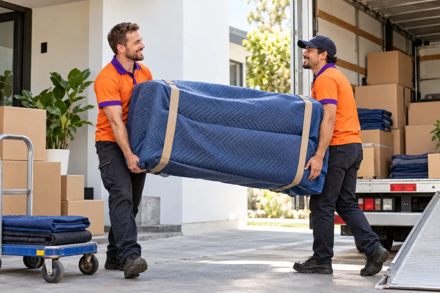 Uniformed removalists carrying a wrapped lounge to a moving truck
