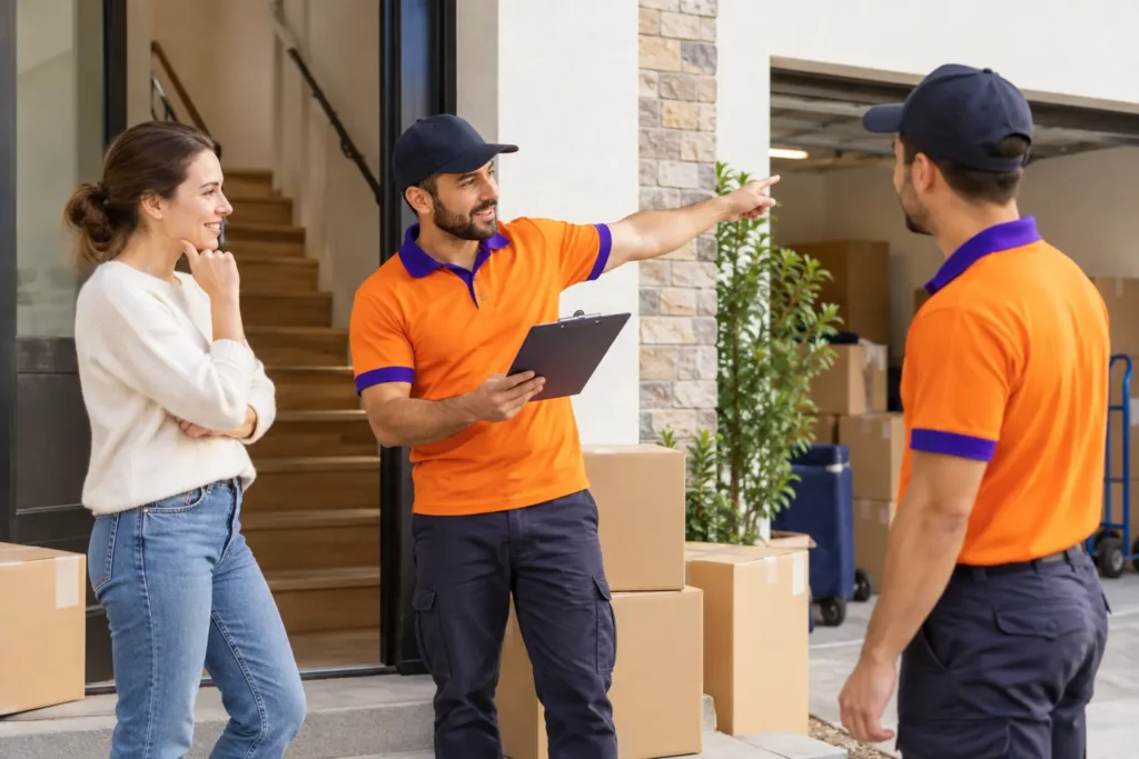 Removalist crew discussing property access with a customer outside a house