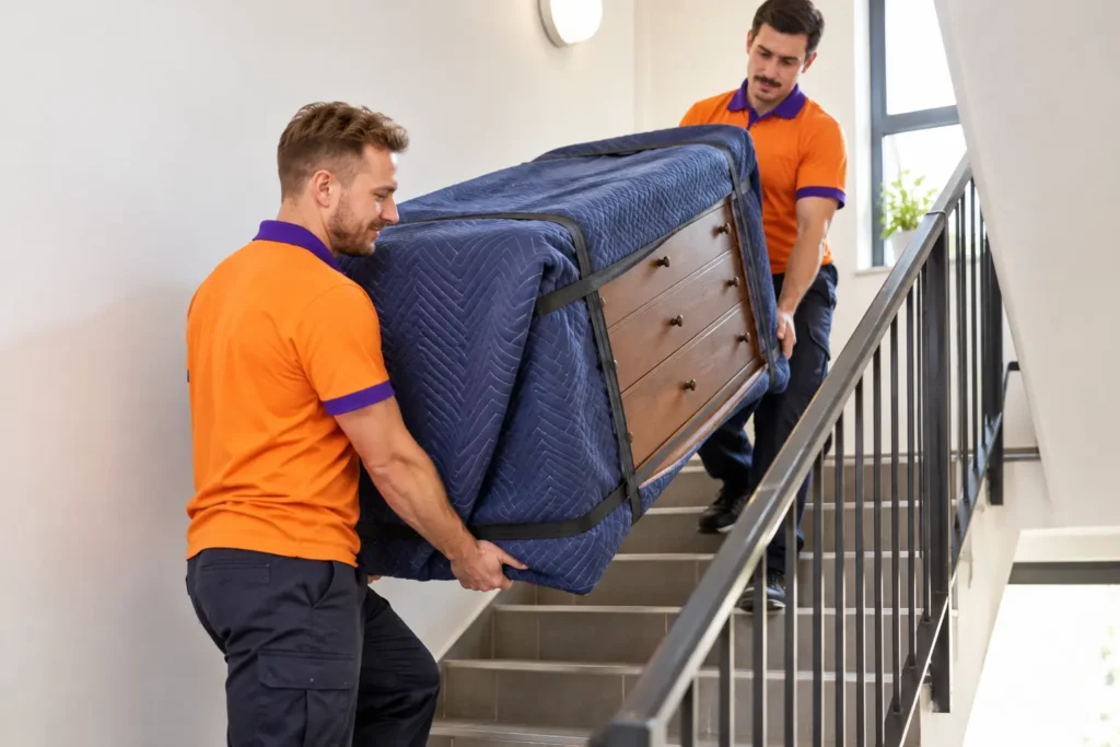 Two removalists carrying a wrapped chest of drawers down an apartment stairwell
