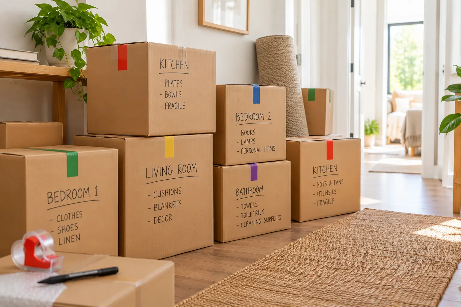Moving boxes labelled by room and contents with coloured tape on the sides