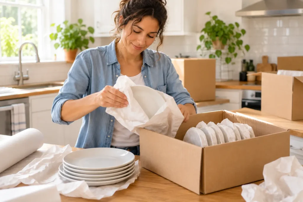 Plates wrapped in packing paper and stood on their edge in a moving box