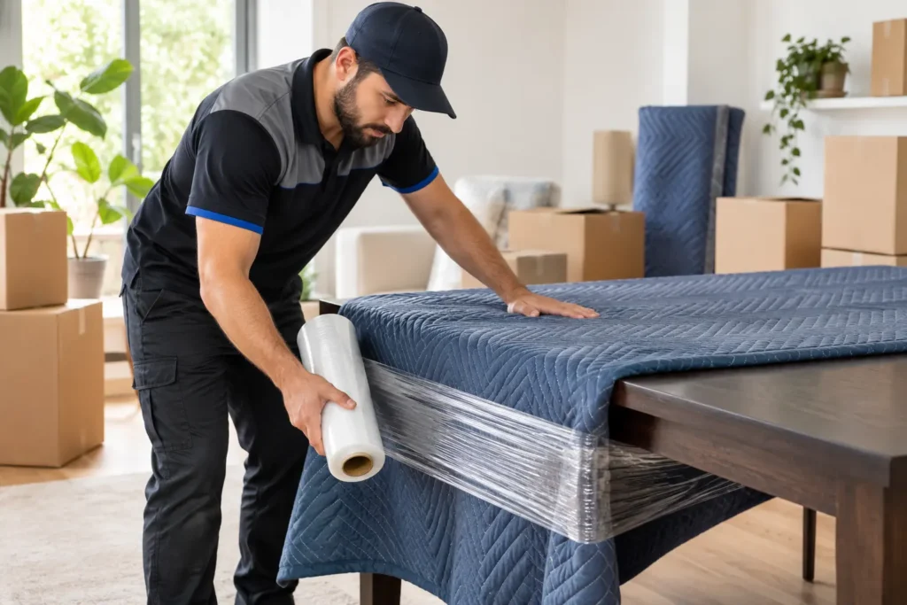 Removalist wrapping a timber table in a padded furniture blanket